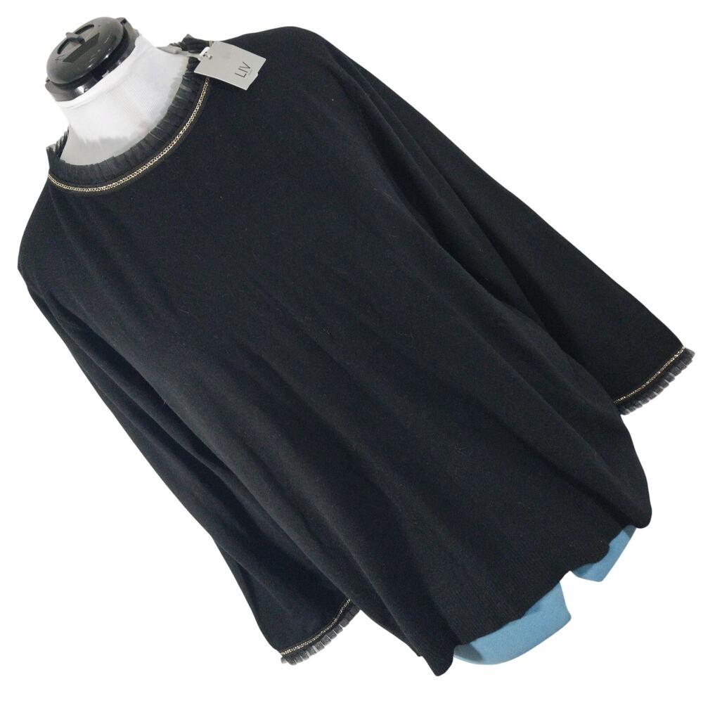 NWT! LIV, MILANO! RICH BLACK MICRO KNIT SHEER PLEATED RUFFLE/GOLD NECK TOP!SZ 3X